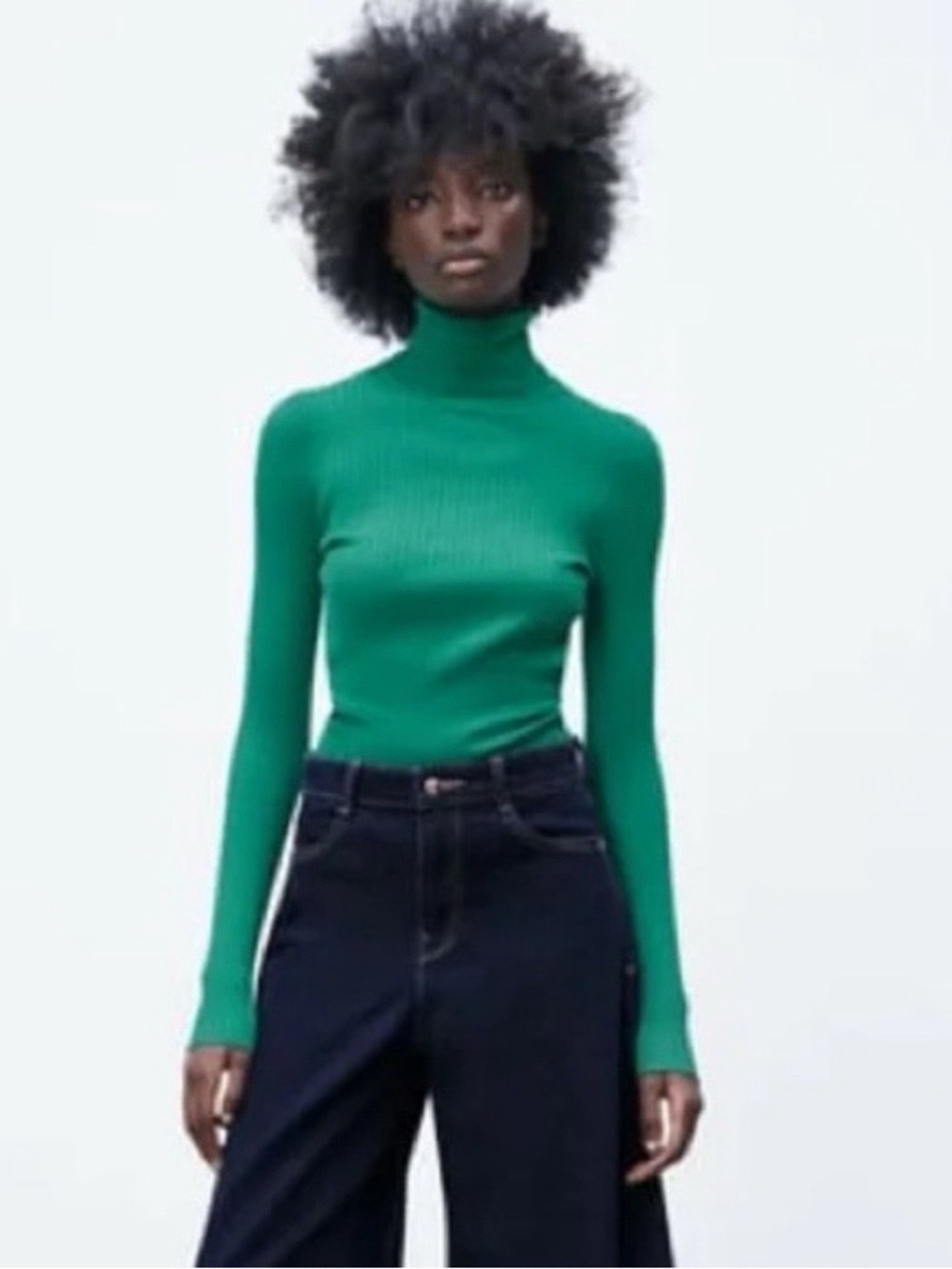 Zara Size Large Green Classic Ribbed Fitted Cropped Turtleneck Pullover Sweater